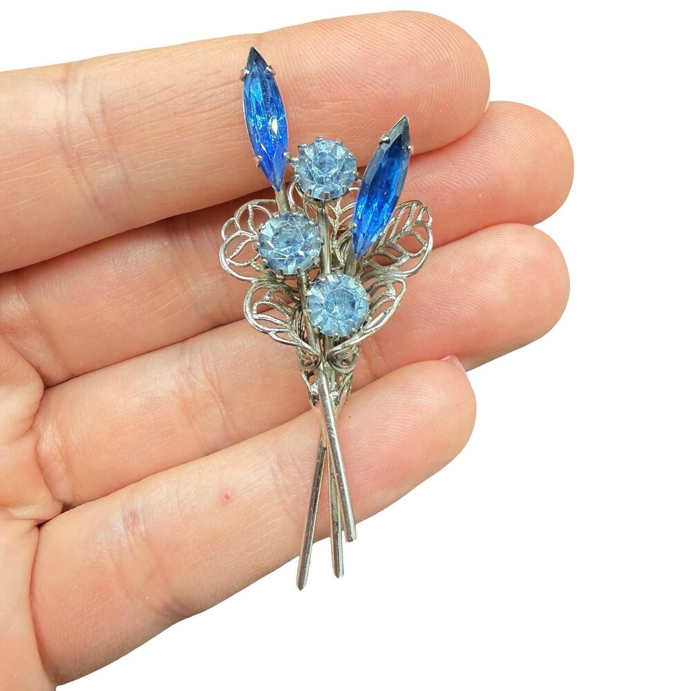 Vintage Jewelry Blue Rhinestone Bouquet Brooch, Silver Tone Filigree Flower Pin